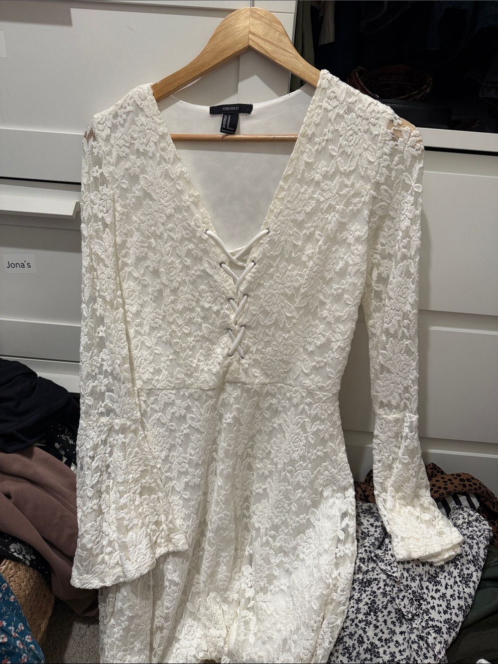 Forever 21 White Lace Long Sleeve Lace-Up Dress